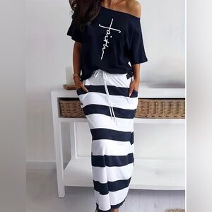 NEW Slanted Shoulder “Faith” Print T-shirt & Drawstring Stripe Skirt Set